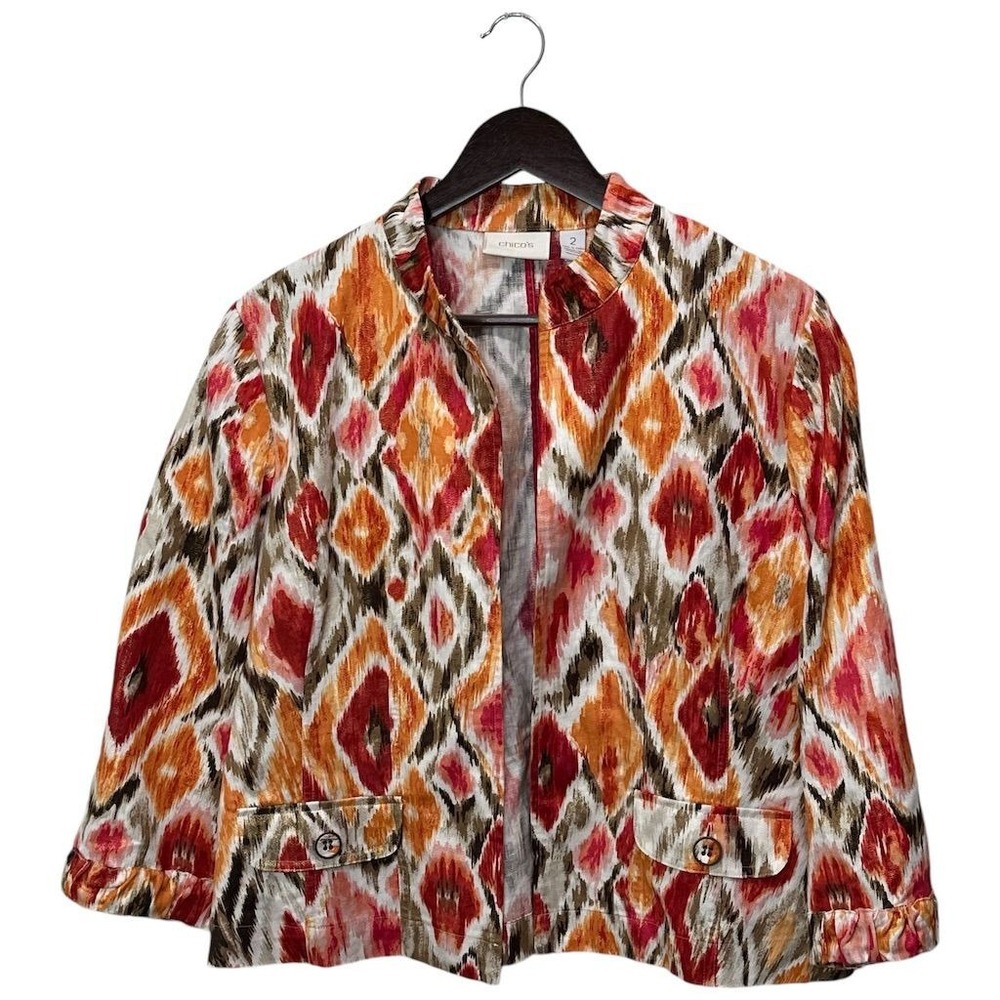 Chico's Womens‎ Multicolor Blurred Ikat Alegra Blazer Jacket Sz M Boho Southwest - Picture 2 of 7